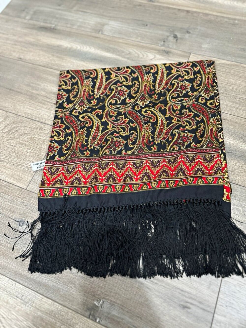 Fashion for Nordstrom 100% Silk Paisley Scarf Black Red Gold Fringe